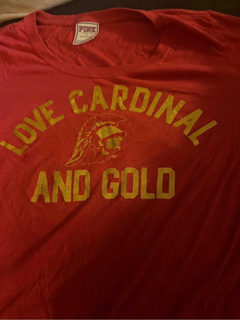 Vintage USC PINK Victoria's Secret Red Tee with Gold 'Love Cardinal and Gold'